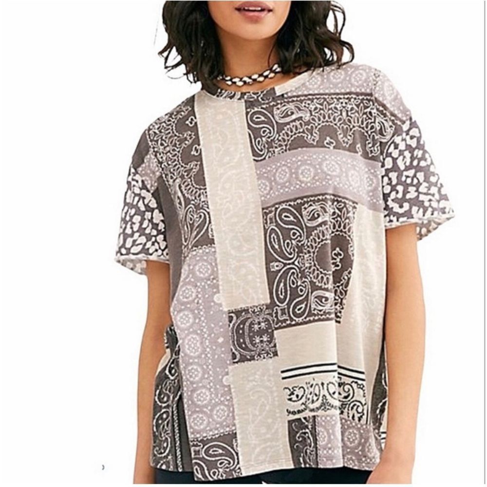 FREE PEOPLE WE THE FREE PRINTED CLARITY CHARCOAL COMBO TEE BROWN WOMENS X-SMALL